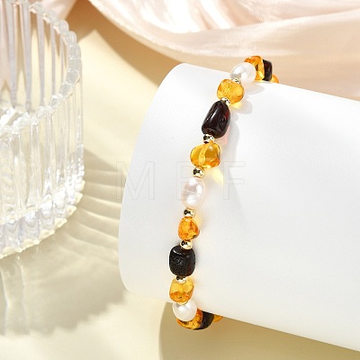 Natural Amber & Cultured Freshwater Pearl Beaded Stretch Bracelets for Women BJEW-JB13699-01-1