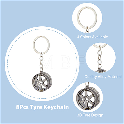 8Pcs 4 Colors Alloy Imitation Tyre Keychain KEYC-DC0001-15-1