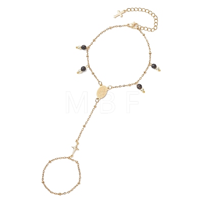 304 Stainless Steel with Natural Black Agate Link Ring Bracelets for Wome BJEW-JB13004-02-1
