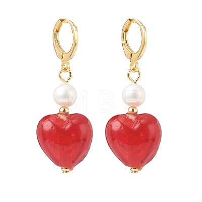 Red Glass Heart with Natural Pearl Dangle Leverback Earrings EJEW-TA00129-1