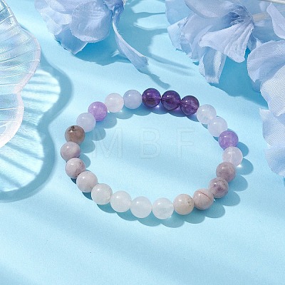 8mm Round Natural Amethyst & Quartz Crystal & Aquamarine & Rose Quartz Beaded Stretch Bracelets BJEW-TA00514-04-1