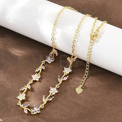 Brass Pave Cubic Zirconia Flower Link Chain Necklaces KK-CBA4547-18G-04-1