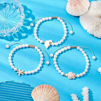 3Pcs 3 Styles Summer Shell Pearl Braided Bead Bracelets BJEW-JB10323-1