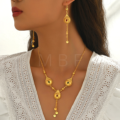 Brass Micro Pave Colorful Cubic Teardrop Tassels Zirconia Earrings & Necklaces Sets for Women JU2264-1