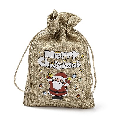 Christmas Printed Burlap Packing Pouches Drawstring Bags ABAG-Q053-02A-07-1