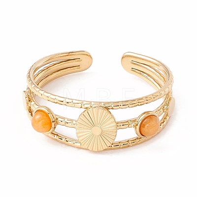 Natural Gemstone and Flat Round Open Cuff Ring RJEW-B039-02G-1