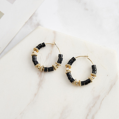 Natural Obsidian Beaded Hoop Earrings EJEW-L294-003G-01-1