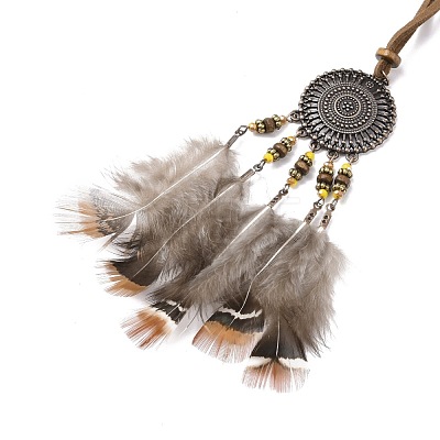 Alloy Woven Net with Feather Pendant Necklace with Wood Beads NJEW-P261-02R-1