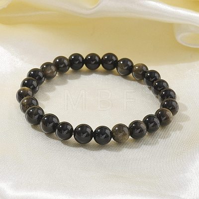 Natural Golden Sheen Obsidian Bead Stretch Bracelets BJEW-K212-B-020-1