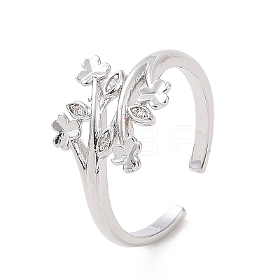 Clear Cubic Zirconia Clover & Leaf Open Cuff Ring RJEW-E072-07P-1