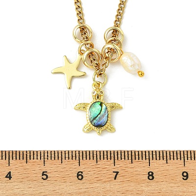 Ocean Brass Natural Paua Shell & Pearl Pendant 304 Stainless Steel Curb Chain Necklaces for Women NJEW-JN06258-01-1