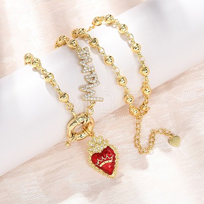 Mother's Day Brass Micro Pave Clear Cubic Zirconia Enamel Red Sacred Heart Mama Pendant Necklaces for Women NJEW-A071-12D-G-1