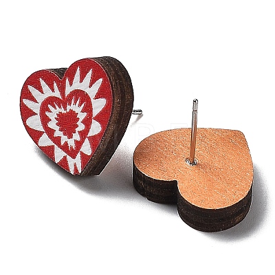 Valentine's Day Theme Printing Wood Stud Earrings for Women EJEW-B029-01-1
