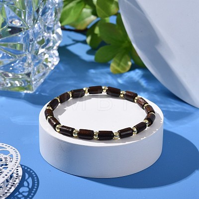 Natural Wood Tube Beads Stretch Bracelet BJEW-JB07091-1
