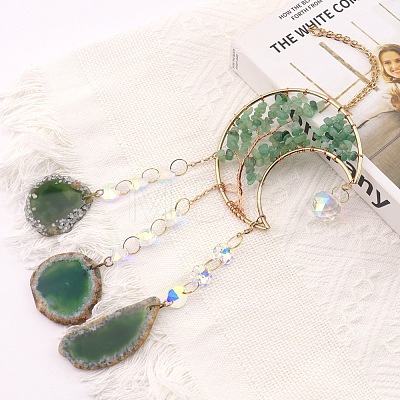 Copper Wire Wrapped Natural Green Aventurine Chips Moon Suncatcher HJEW-H065-01G-1
