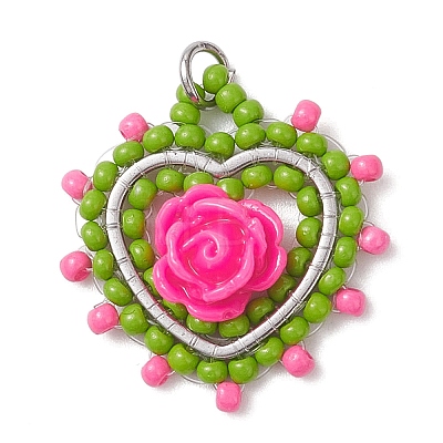 Glass Seed Beaded Heart with Rose Pendants PALLOY-MZ01030-1