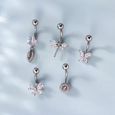 316L Surgical Stainless Steel Clear Cubic Zirconia Curved Barbell Belly Rings WG7644D-08-1