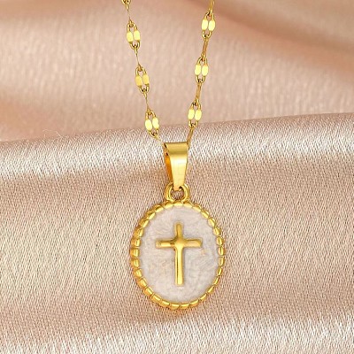 201 Stainless Steel Enamel Oval with Cross Pendant Necklaces FS-WG9DA99-02-1