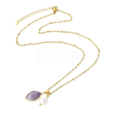 Natural Lepidolite Faceted Horse Eye & Natural Pearl Pendant 304 Stainless Steel Satellite Chain Necklaces for Women NJEW-JN06057-02-1