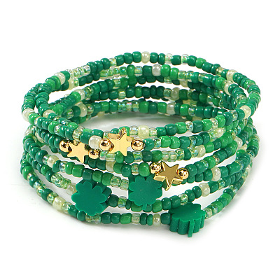 7Pcs 3 Styles Saint Patrick's Day Glass Seed Bead Stretch Bracelets RL8024-1-1