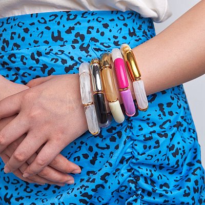 Candy Color Chunky Curved Tube Acrylic Beads Stretch Bracelets Set for Women BJEW-SW00015-1
