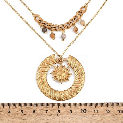 304 Stainless Steel Sun and Round Natural Crazy Agate Pendant Double Layer for Women NJEW-K252-13G-1