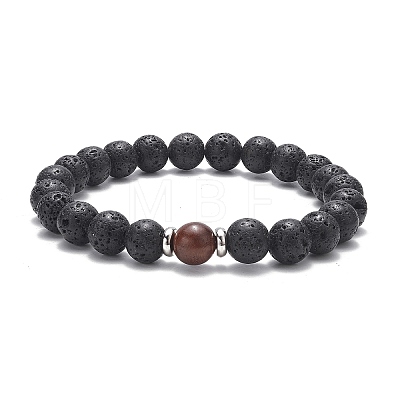 2Pcs 2 Style Natural Wood & Lava Rock Round Beaded Stretch Bracelets Set for Women BJEW-JB09381-02-1