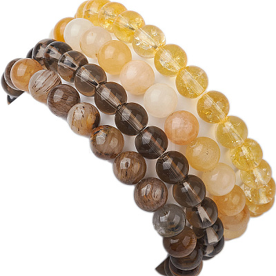4Pcs Constellation 8mm Round Natural Yellow Tiger Eye & Jade & Synthetic Citrine & Smoky Quartz Beaded Stretch Bracelets for Women BJEW-JB10635-1
