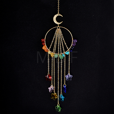 Chakra Natural & Synthetic Gemstone Chips & Brass Ring Hanging Suncatchers HJEW-BM00074-1