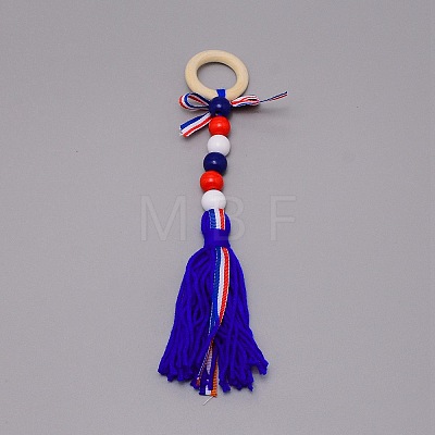 Independence Day Theme Wooden Ring & Woolen Yarn Tassels Pendant Decorations HJEW-TAC0013-05A-1