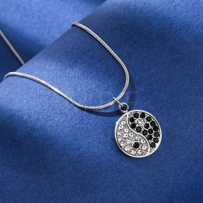 304 Stainless Steel Crystal & Jet Rhinestone Yin-yang Pendant Round Snake Chain Necklaces for Women NJEW-Z044-12P-1