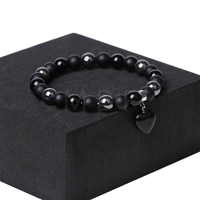 Natual Black Obsidian & Synthetic Non-magnetic Hematite Beads Charm Bracelets AC2290-1-1