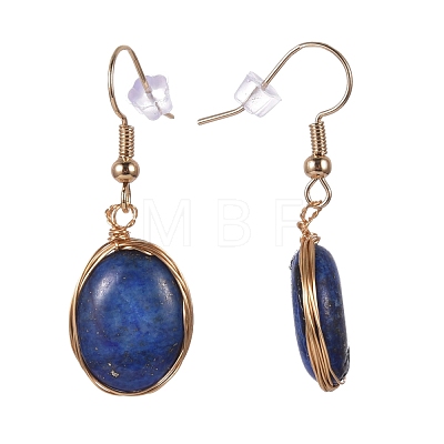 Wire Wrapped Natural Lapis Lazuli Dangle Earrings EJEW-JE04283-03-1