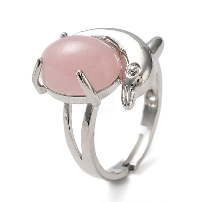 Natural Rose Quartz Oval with Dolphin Adjustable Ring G-Z031-01P-20-1