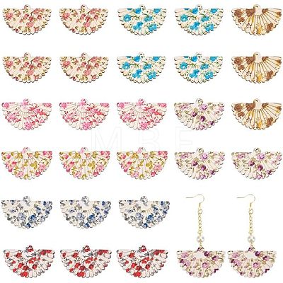  48Pcs 8 Colors Printed Flower Wood Pendants WOOD-NB0002-28-1