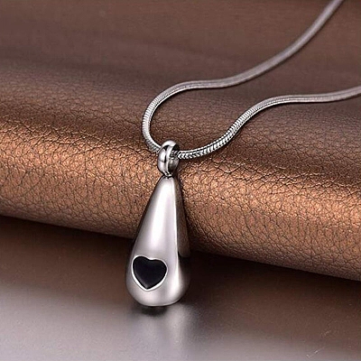 Stainless Steel Black Enamel Teardrop with Heart Urn Ashes Pendant Necklace for Women PW-WG81DB5-01-1