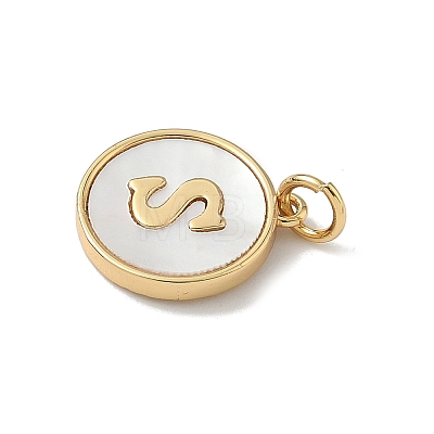 Brass Pave Natural Shell Flat Round with Letter Charms KK-Z115-13G-S-1