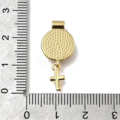 Brass Pave Natural White Shell Flat Round with Cross Pendants KK-C090-40G-04-1