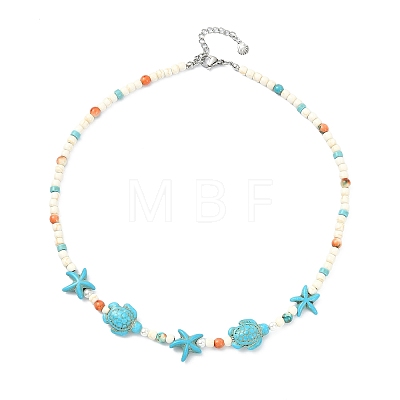 3Pcs 3 Styles Ocean Dyed Synthetic Ocean White Jade & Shell Pearl & Synthetic Turquoise Starfish Turtle Beaded Necklaces NJEW-JN06276-1