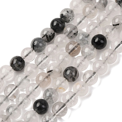Natural Tourmalinated Quartz/Black Rutilated Quartz Beads Strands G-E558-04-6mm-1