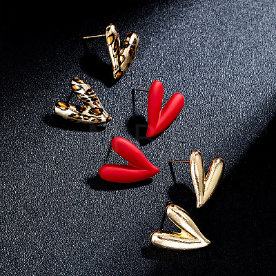 3 Pairs Heart with Leopard Print  Spray Painted Alloy Stud Earrings FS-WG7979B-01-1