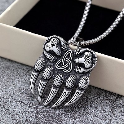 Retro 304 Stainless Steel Viking Bear Paw Pendant Necklaces FS-WGBA6D4-01-1