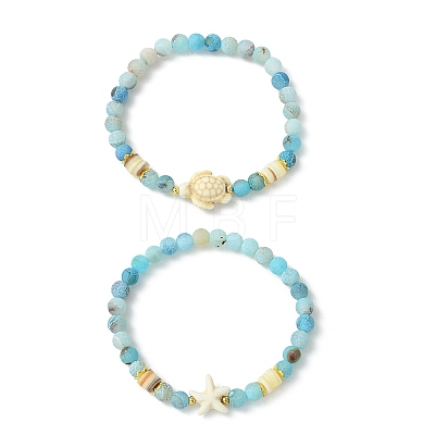 Natural Weathered Agate & Synthetic Turquoise Beaded Stretch Bracelets Set for Women Men BJEW-JB13760-02-1