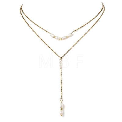 Natural Cultured Freshwater Pearl Two Sides Polished Y Tassel 304 Stainless Steel Double Layered Necklaces for Women NJEW-JN06359-1