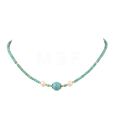 Synthetic Turquoise Round and Natural Cultured Freshwater Pearl Beaded Necklaces NJEW-JN06554-01-1