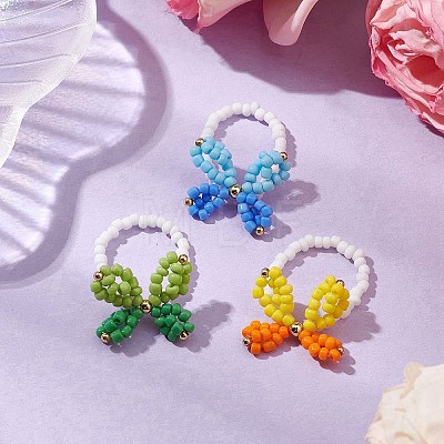 3Pcs 3 Colors Butterfly Glass Seed Beaded Stretch Finger Rings for Women RJEW-TA00150-1