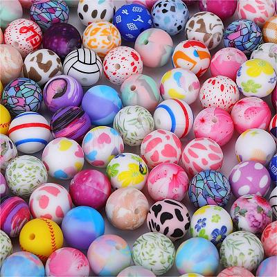 Printed Round with Baseball Pattern Silicone Focal Beads SI-JX0056A-104-1