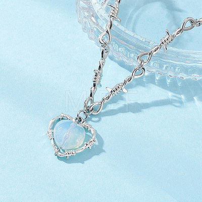Opalite Heart Pendant Alloy Barbed Wire Link Chain Necklaces for Women NJEW-JN05614-1