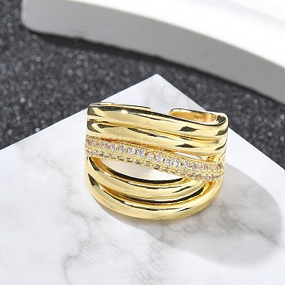 Rack Plating Brass Micro Pave Cubic Zirconia Open Cuff Finger Rings for Women RJEW-M028-81G-1
