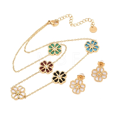 304 Stainless Steel with Resin Flower Link Chain Necklaces & Stud Earrings SJEW-Z005-02G-03-1